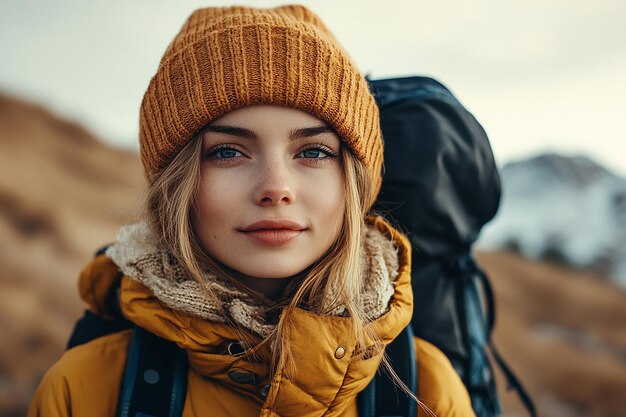 Photo photography of happy travelling young girl with backpack