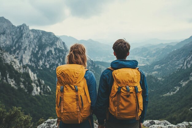 photography of happy travelling young hiking couple with backpack