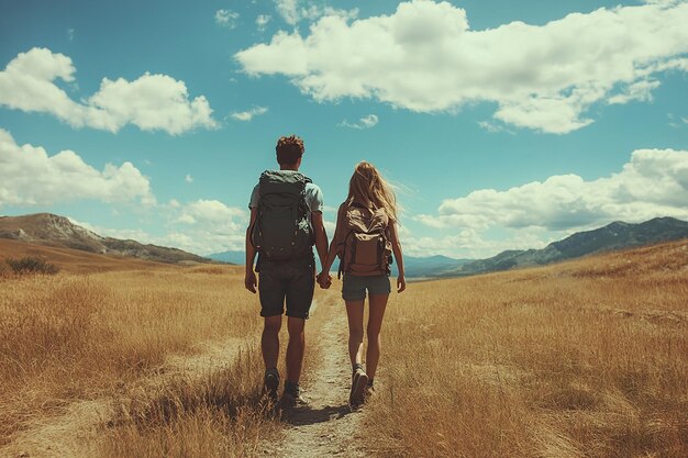 Photo photography of happy travelling young hiking couple with backpack