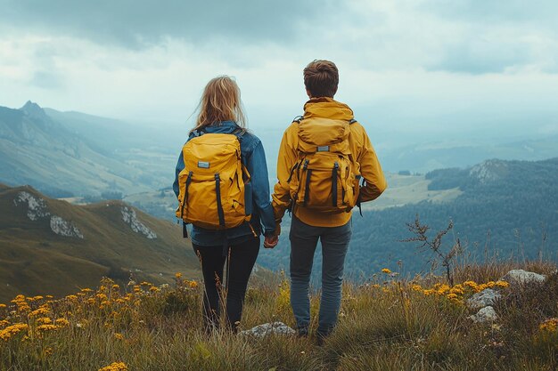 photography of happy travelling young hiking couple with backpack