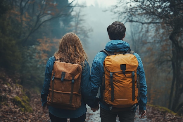 photography of happy travelling young hiking couple with backpack