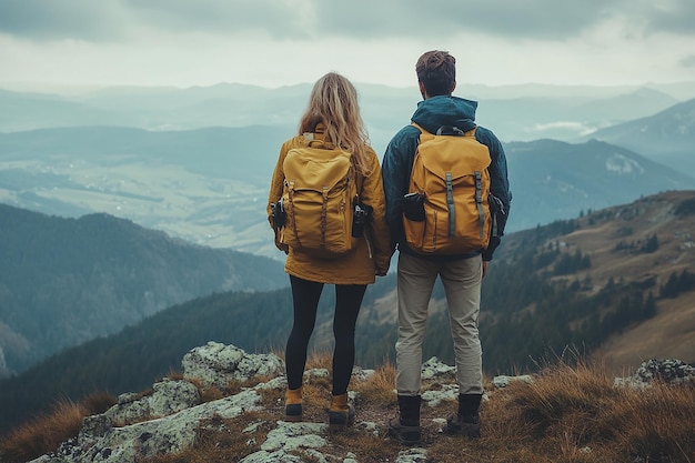 photography of happy travelling young hiking couple with backpack