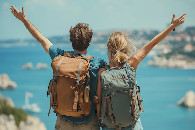 Photo photography of happy travelling young hiking couple with backpack