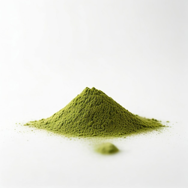 Photography of a high graded green matcha powder on a white background