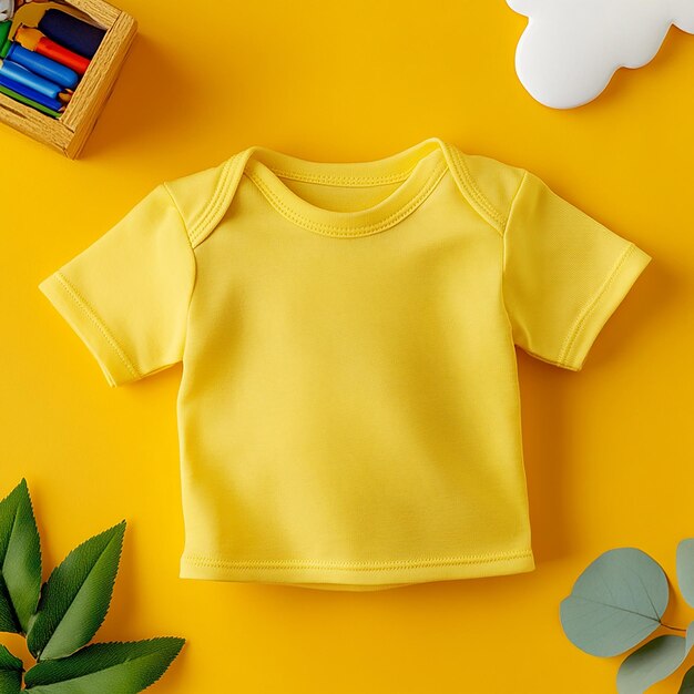 photography of kids fashion baby yellow color t shirt mockup