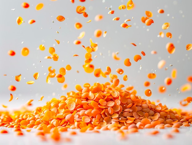 photography of LENTILS falling from the sky hyperpop colour scheme glossy white background Red lentils isolated on white top view