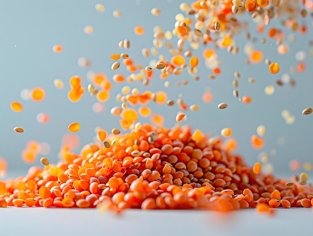 photography of LENTILS falling from the sky hyperpop colour scheme glossy white background Red lentils isolated on white top view