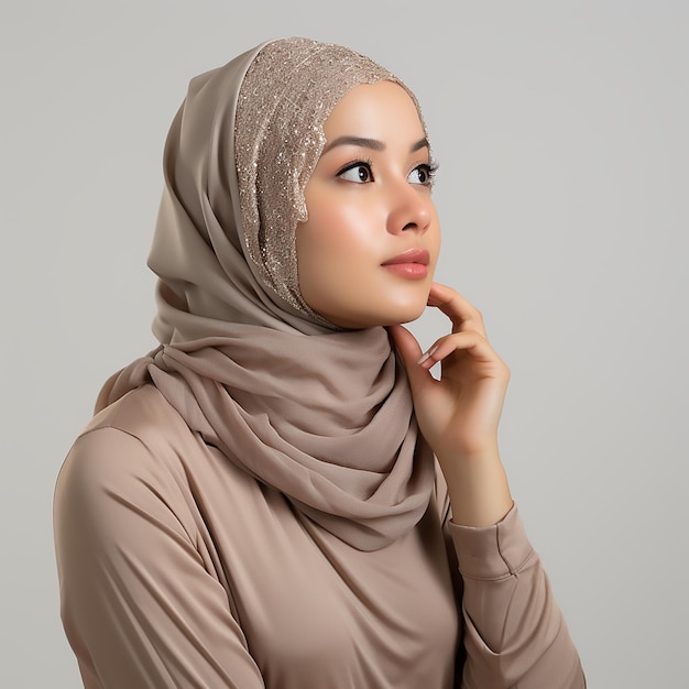 A photography of a malay malaysian woman in a curious and wondering of something pose with one fing