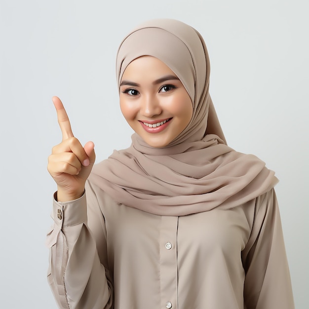 A photography of a malay malaysian woman in a curious and wondering of something pose with one fing