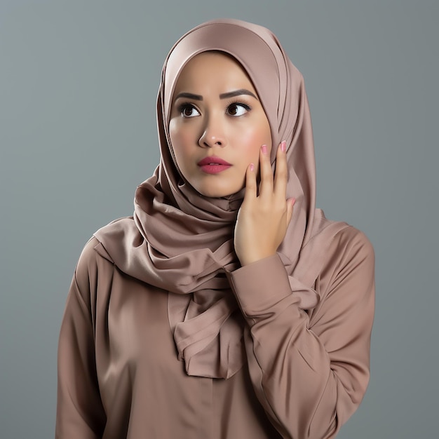 A photography of a malay malaysian woman in a curious and wondering of something pose with one fing