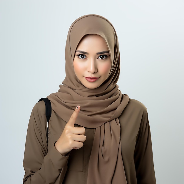 A photography of a malay malaysian woman in a curious and wondering of something pose with one fing