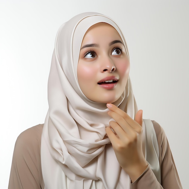 A photography of a malay malaysian woman in a curious and wondering of something pose with one fing