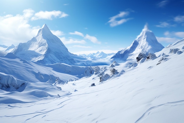 Photography of mountain landscapes with fresh snow and blue sky