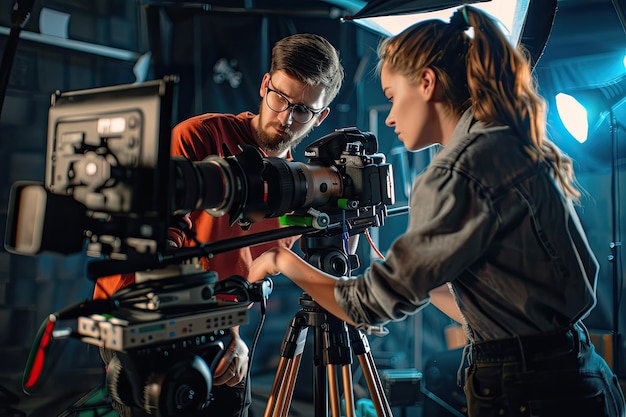 Photography partners male photographer and female assistant at work discussing details of video or