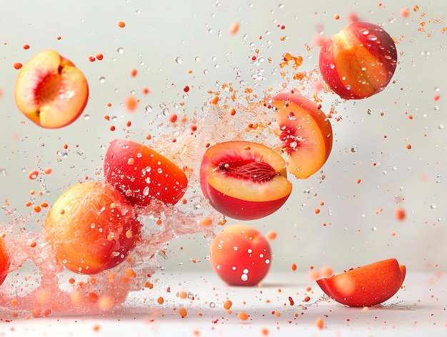 photography of PEACHES falling from the sky hyperpop colour scheme glossy white background Levitatin