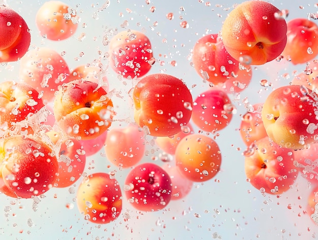 photography of PEACHES falling from the sky hyperpop colour scheme glossy white background Levitatin