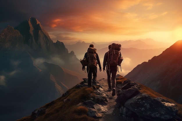 Photography of people hiking in mountains with stunning views at dawn