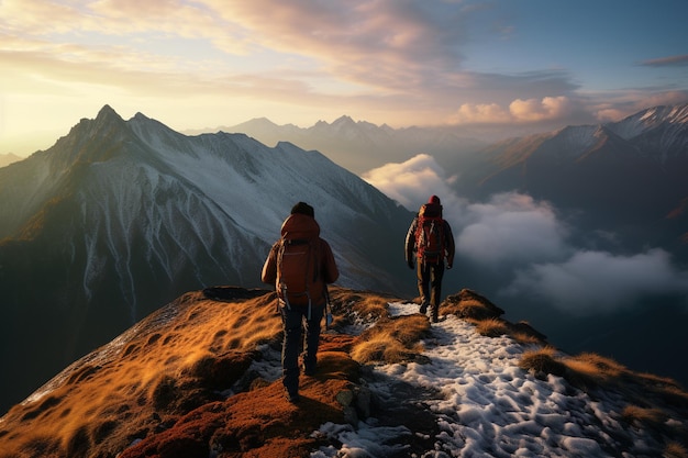 Photography of people hiking in mountains with stunning views at dawn