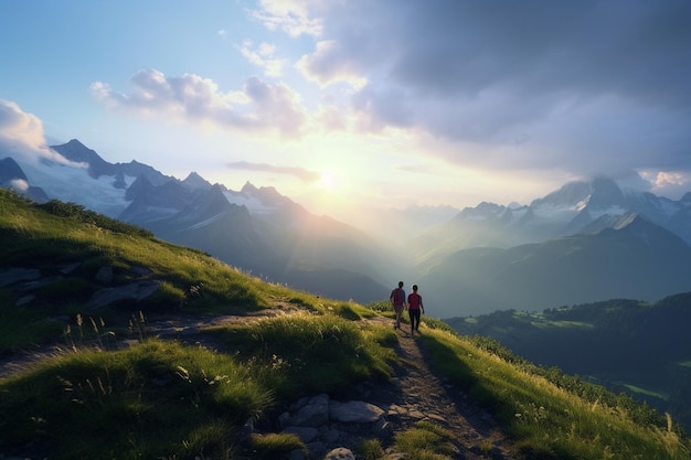 Photography of people hiking in mountains with stunning views at dawn