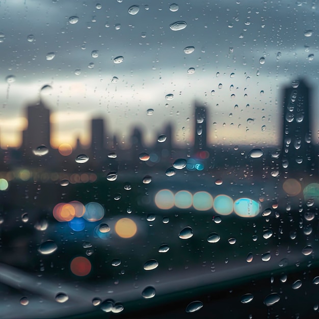 Photography of raindrops on the windows glass in focus with blured city skyline in the background