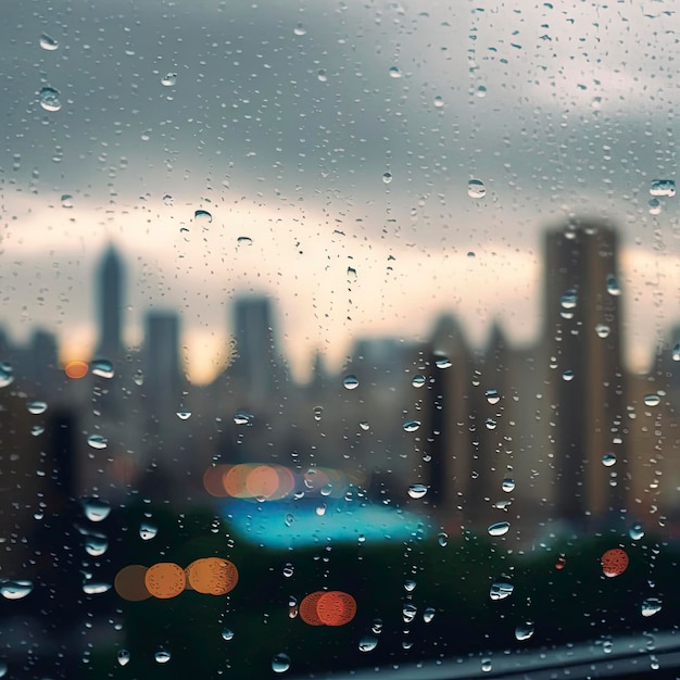 Photography of raindrops on the windows glass in focus with blured city skyline in the background