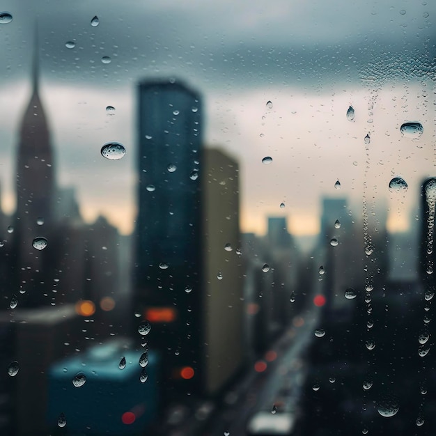 Photography of raindrops on the windows glass in focus with blured city skyline in the background