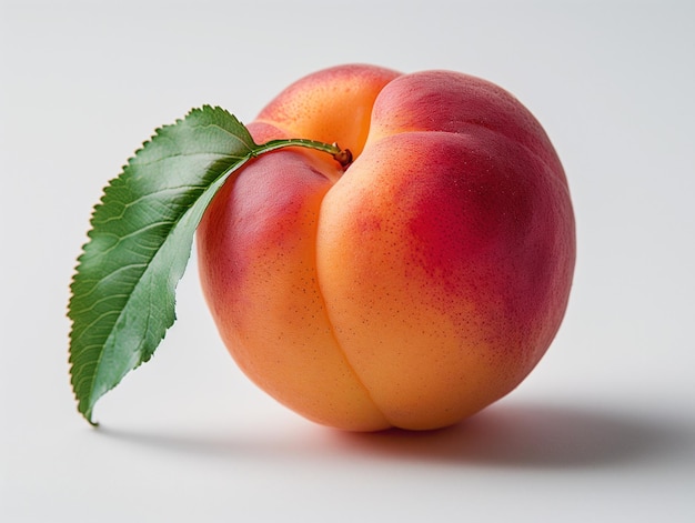 Photography of a ripe apricot with a green leaf attached