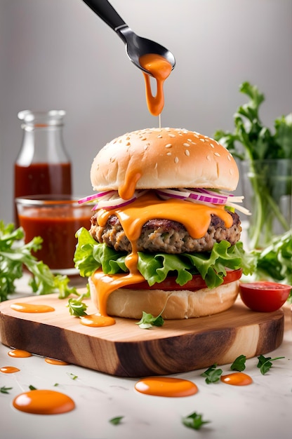 photography Savory Burger Meaning Salad Barbecue Sauce Cheese Sauce Cheese Onion on white bac