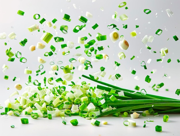 photography of SCALLIONS falling from the sky hyperpop colour scheme glossy white background Cut green onion falling on white background