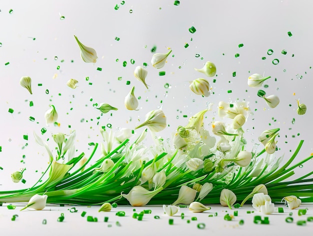 photography of SCALLIONS falling from the sky hyperpop colour scheme glossy white background Cut green onion falling on white background