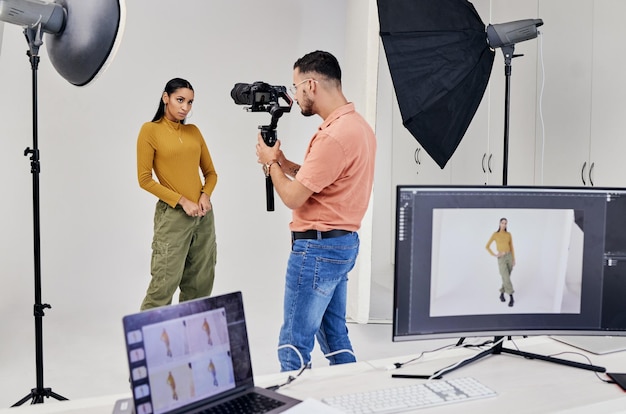 Photo photography shooting and photographer with woman fashion model in studio for creative advertising and image media backstage and profession man videographer with girl and equipment for photoshoot