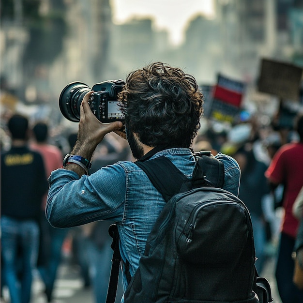 Photo a photojournalist capturing a powerful image of a protest or public demonstration