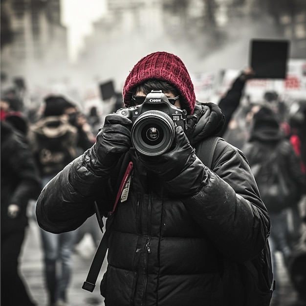 Photo a photojournalist capturing a powerful image of a protest or public demonstration