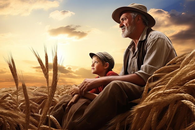 Photoreaistic image of a farmer with his son in a wheat field