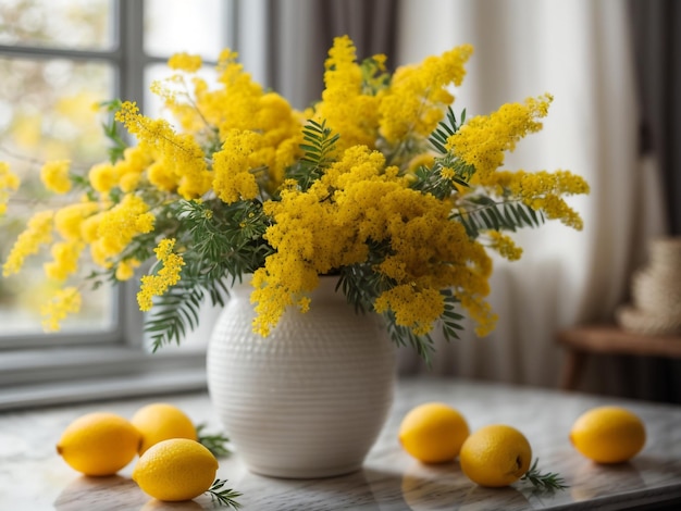 Photoreal Beauty A Bouquet of Mimosa Flowers in a White Ceramic Vase