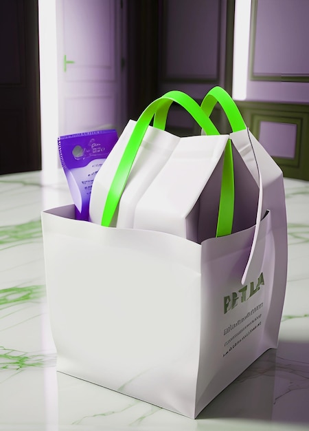 Photo photorealism of a peptide and collagen gift bag product at the marble tableextremly hyperrealisti