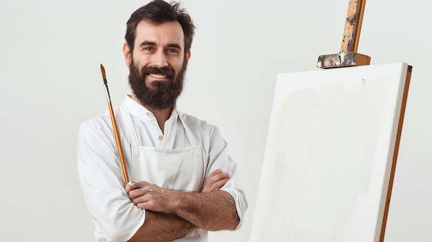 Photo photorealism smiling artist man paintbrush portrait