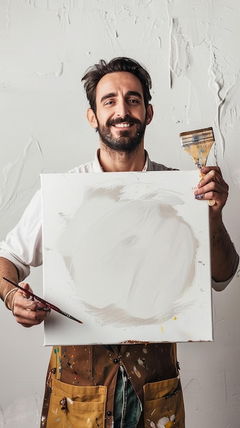 Photo photorealism smiling artist man paintbrush portrait