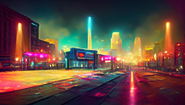 Photorealistic 3d illustration of the futuristic city in the style of cyberpunk Empty street with neon lights