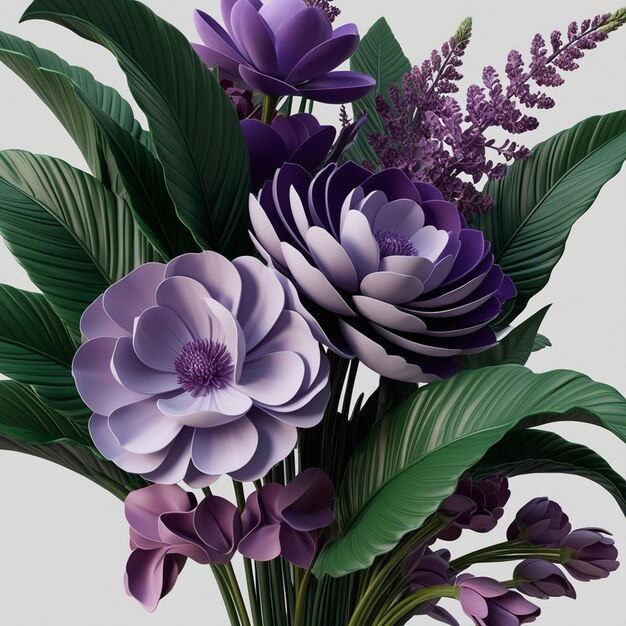 Photo photorealistic 3d render of purple and green flowers in ultrarealistic 16k resolution