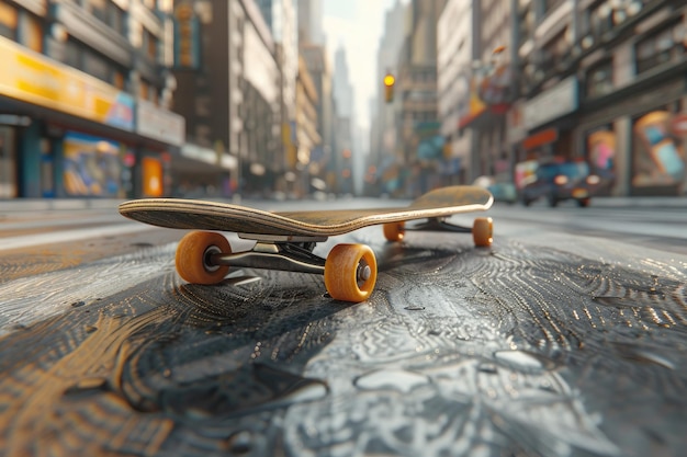 Photo photorealistic 3d rendering of a skateboard laying in the middle of an urban street