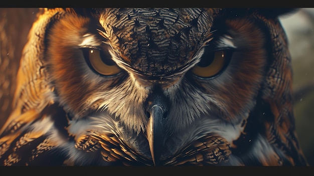 Photorealistic angled photo of a great horned owl portrait looking down at an angle dark gothic fant