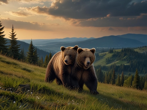 Photorealistic bear playing on the mountain