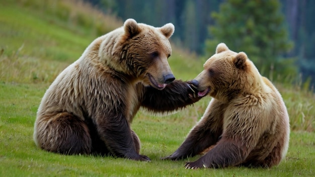 Photorealistic bear playing on the mountain