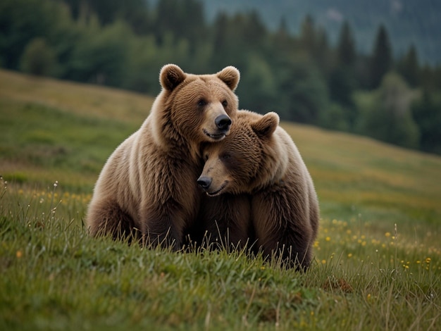 Photorealistic bear playing on the mountain