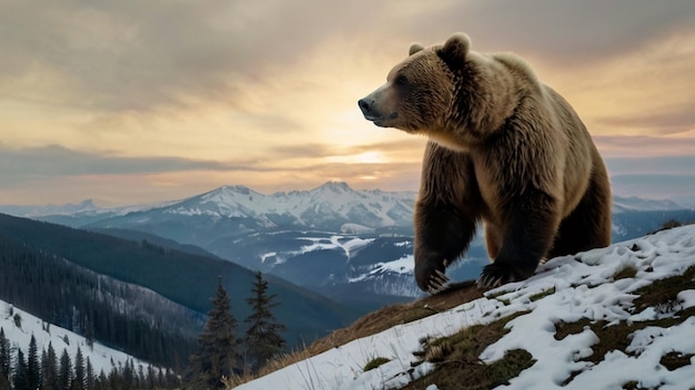 Photorealistic bear playing on the mountain