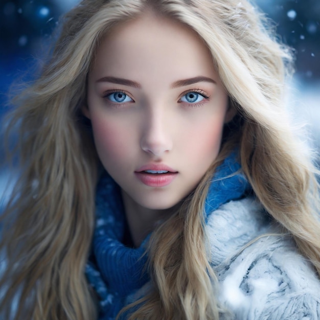 Photorealistic beautiful girl snowstorm