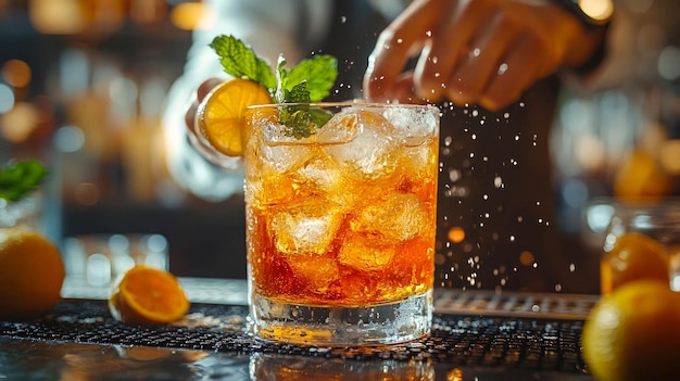 A photorealistic closeup of a bartender expertly preparing a cocktail