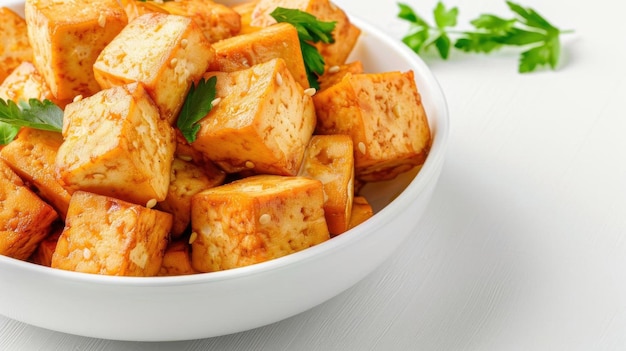 Photorealistic closeup illustration of tofu cubes perfectly cooked with a goldenbrown crust isolated