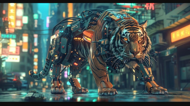 Photorealistic cyber Tiger in the middle of a cyberpunk city AI generated image